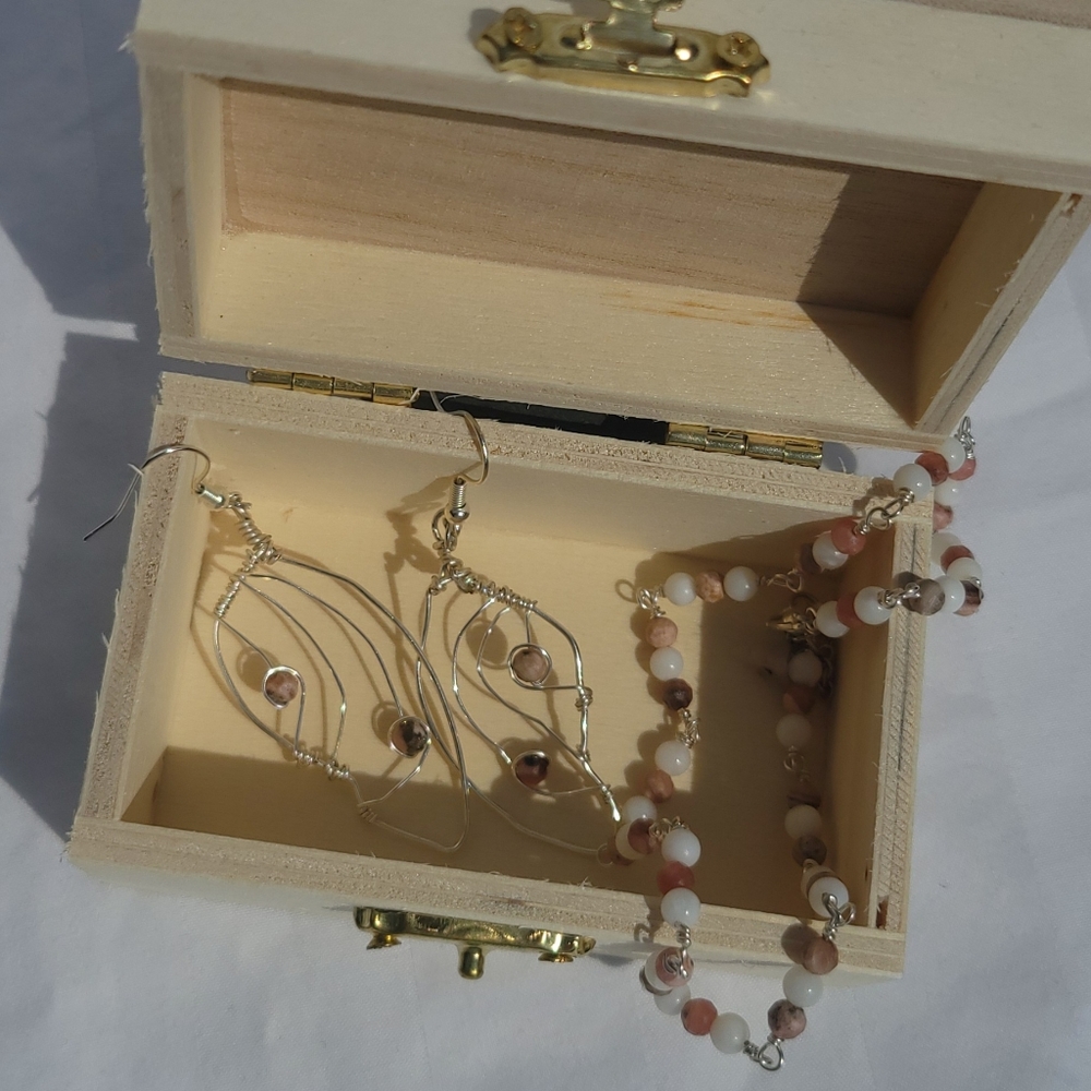Pink Rhodonite Crystal Butterfly Wing Earrings and Necklace Set, Handmade